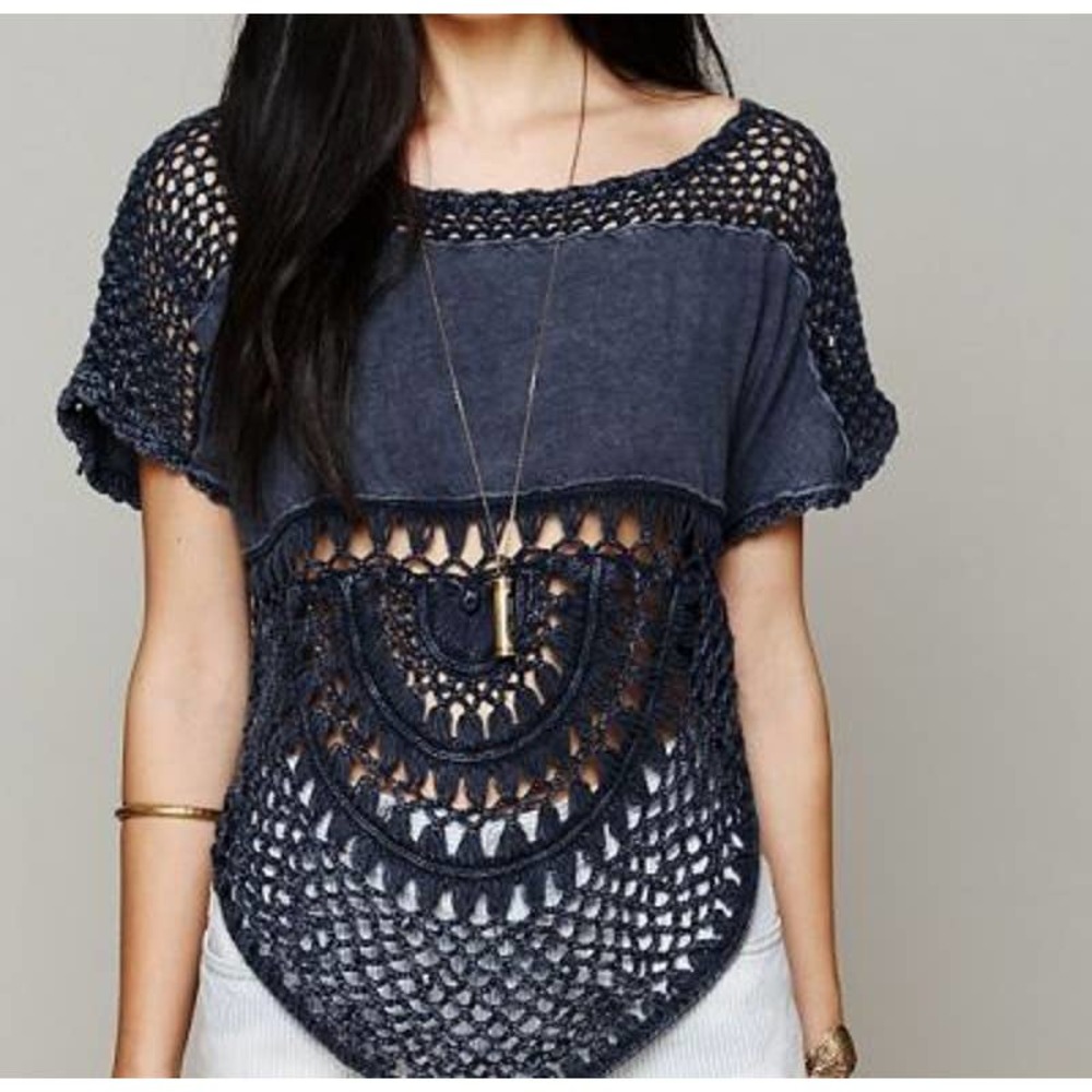 Free People Gray Acid Wash Cotton Open Crochet Detailing Short Sleeve Blouse
